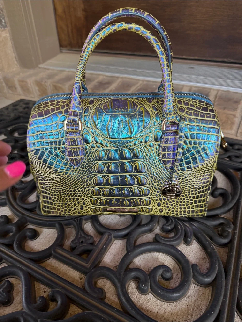 Brahmin Stacy Illuminate Iridescent Croc-Embossed Satchel